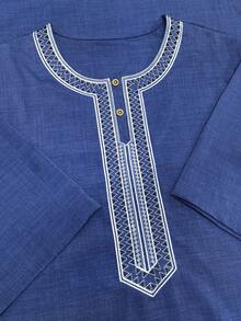 Men's Vintage Moroccan Embroidered Short Sleeve Robe, Arabic Men's Robe With Side Pockets, Islamic Eid Robe For Men - Navy Blue - View 6