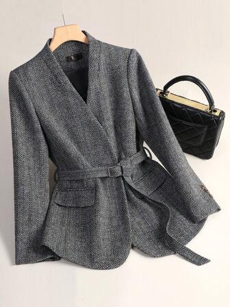 2025 신상 여성용 고급 회색 울 블레이저, 허리 라인이 들어간 슬림핏 우아한 울 재킷