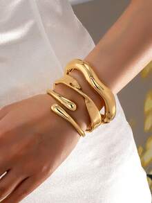 3 chiếc/1 chiếc Vòng tay hình giọt nước hình học sóng vàng trơn dày thời trang tối giản, phù hợp cho nữ - Vàng - Xem 9