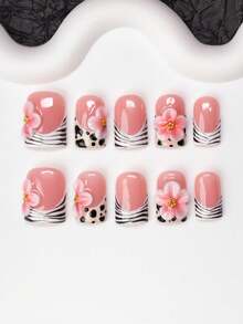 10pcs Square Shaped Handmade Nail Tips, Y2K Baddie Style, Nude & White Color With French Tips, Floral, Cream, And Zebra Print Elements, Handcrafted Nail Art Decorations Suitable For Parties, Galas, And Daily Wear, Includes Tool Kit, Great Gift For Women And Girls Nails Nail Supplies Handmade Press On Nails - Multicolor - View 2