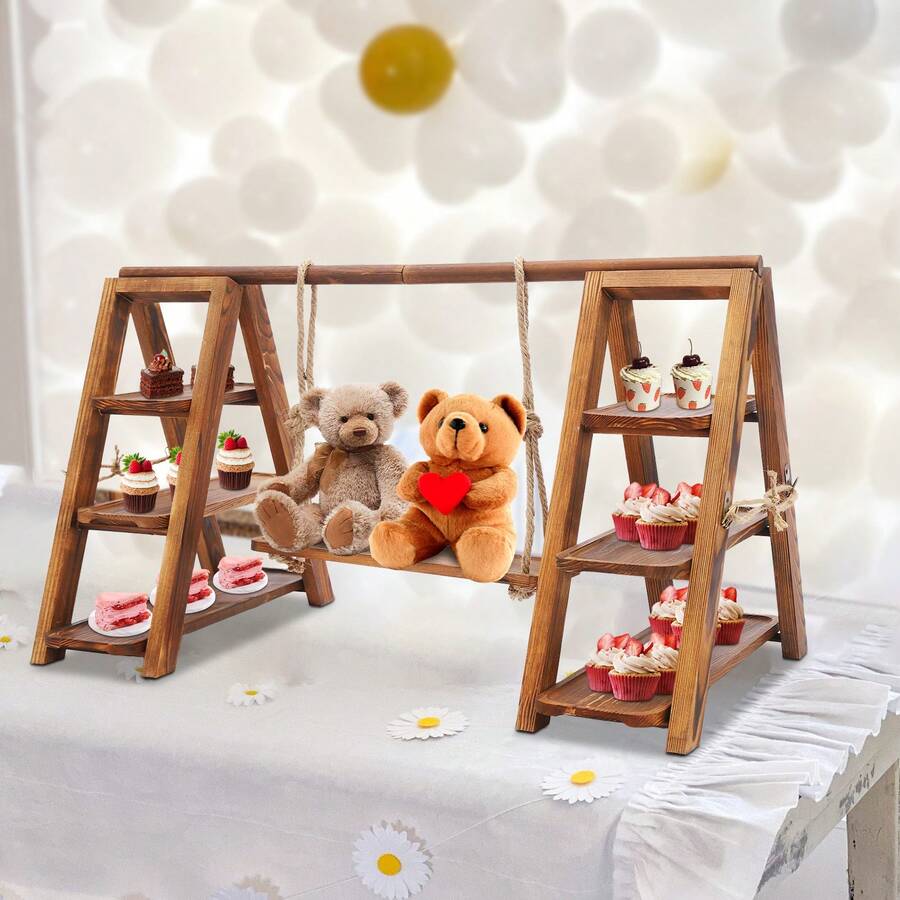 3 Tier 28.35in Long Wood Cupcake Stand, Decorative Cupcake Display Stand For Dessert Display, Large Dessert Serving Tray For Party Birthday Wedding Events, Swing-Shape Cake Rack, Tiered Fruit Candy Stand, Dessert Serving Platter, Party Serving Tray Decor - 棕色 - 查看 1