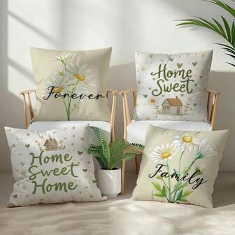 4pcs Simple Daisy & Polka Dot "Sweet Home" Pattern Cushion Covers, Single-Sided Printed Soft Peach Velvet Material, 40*40/45*45/50*50CM Pillow Covers For Home, Bedroom, Living Room, Party Decor, Sofa Decorative Pillows, Holiday Gifts, No Pillow Insert