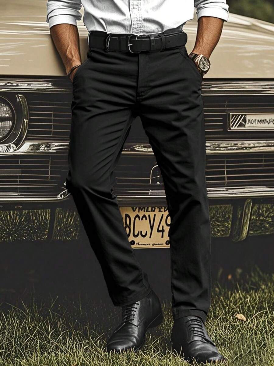 Men's Autumn Suit Pants, Fashionable Casual Straight Leg Trousers, Loose Minimalist Style, Solid Color Wrinkle-Resistant Straight Leg Pants - Black - View 1