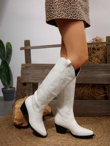 FVPFVP Inspired Embroidered Boots, European & American Style Chunky Heel Tall Denim Over-The-Knee Boots For Women, - White - View 6