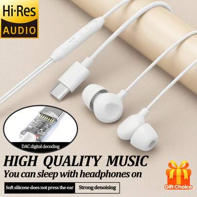 Comfortable Sleeping Headphones Type-C Plug Headphones Sport White Wired Headphones In-Ear Built-In Microphone Wire-Controlled DAC Digital Decoding Is With The Most Comfortable Headphones When Sleeping, Such As //Apple/Voice//, Which Is Soft And Does Not Hurt Ears. It Is An Ideal Gift For Music Lovers And Professionals, And Is Suitable For Sleeping, Resting And Traveling. Subbass Is Suitable For  And Pop Jazz, Etc., Retro Headphones,