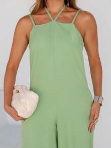 Women's Long Jumpsuit With Elegant Tie Detail - 開心果綠 - 查看 5