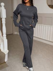 女士两件套，深灰色圆领长袖上衣搭配收腰中长运动裤，优雅女士休闲装 - 深灰色 - 查看 8