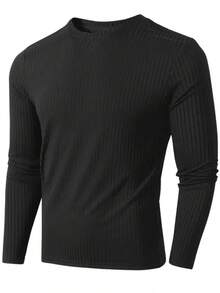 Men's American Ribbed Crew Neck Slim Fit Casual Long Sleeve T-Shirt With Stretch Knit Fabric. Suitable For All Ages, Including Regular Fit, Father's Day, Mother's Day, New Year's, And Spring Festivals. - 黑色 - 查看 3