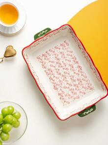 Tavă de copt ceramică dreptunghiulară, pictată manual, cu motive florale vintage, verde, la modă, cu mânere, potrivită pentru salată, paste, grătar, pui la cuptor, coacere deserturi și pizza, cuptor și microunde, ideală pentru restaurant și uz zilnic acasă.