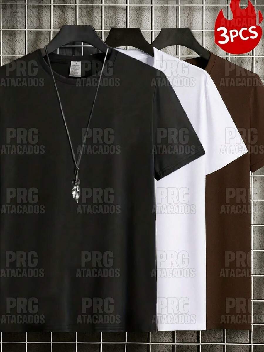 Set Of 3 Stylish Plain T-Shirts, Casual, Minimalist, Colorful, Unisex, Men's And Women's, 100% Cotton, Top Premium Streetwear, New Release, Immediate Shipping, Various Colors!! Plus Size - 黑色 白色 棕色 - 查看 1