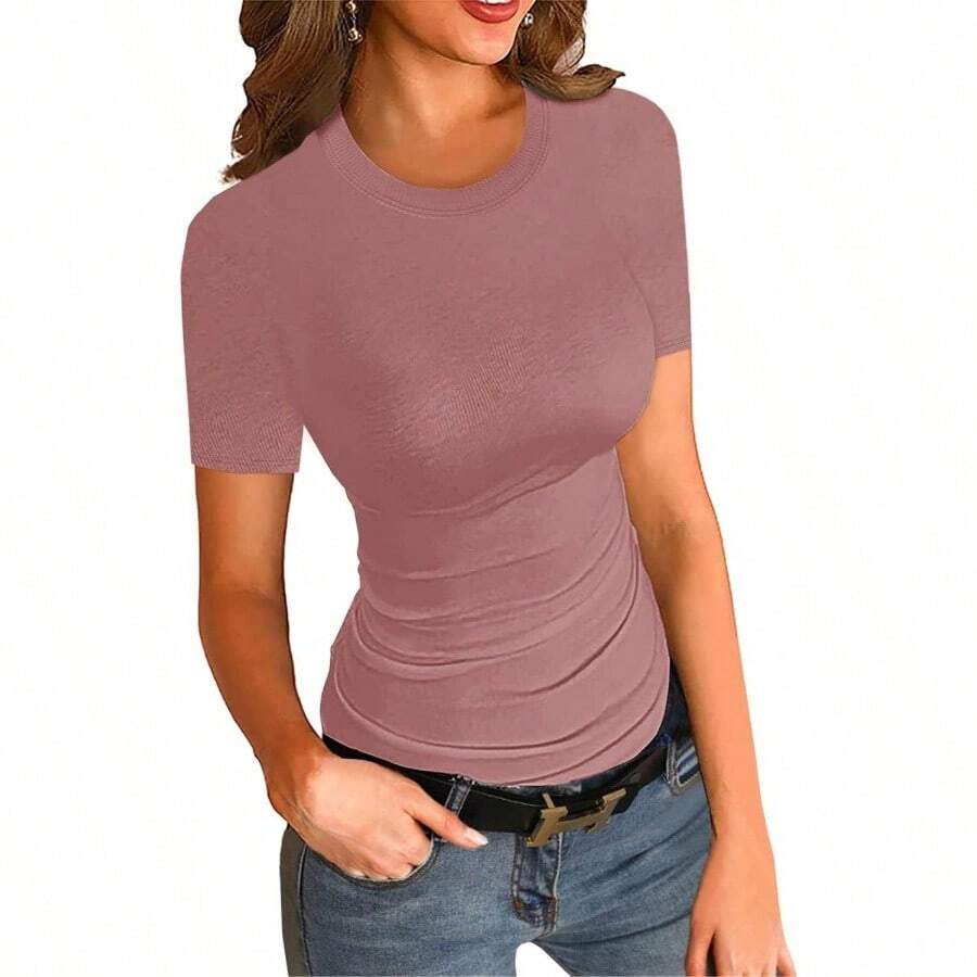 Camiseta bsica de manga corta acanalada con cuello redondo para mujer - Rosa/Rebel Fun. + XL - Ver 1
