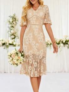 Women's Lace Wedding Bridesmaid Dress, Medium To Long Party Dress, Mushroom Edge Design, School Holiday Celebration Dress, Valentine's Day - Apricot - View 3