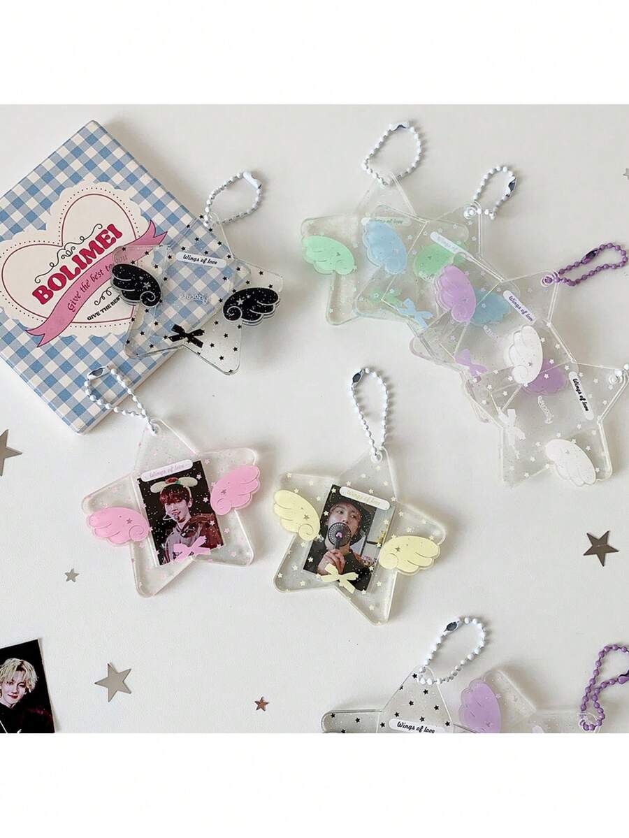 1个ins风闪亮星星卡通天使翅膀钥匙扣，透明吊坠相框