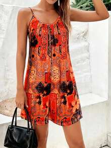 Women's Sleeveless All-Over Print Jumpsuit, Suitable For Summer Vacation - Orange - View 5