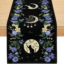 1pc Cute Black Cat Moon Phase Table Runner, Mysterious Gothic Celestial Decor With Wild Flower Vibe, Suitable For Dining Room, Kitchen And Halloween Party Decoration, Size: 13x36/13x48/13x72/13x90/13x108 Inches