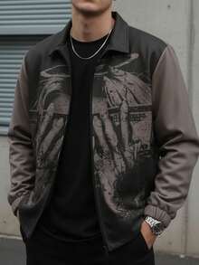 Men's Casual Graphic Print Suede Fleece Collar Jacket, Suitable For Spring And Autumn