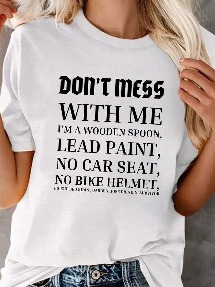 Camiseta de Cuello Redondo con Estampado de Letras, Top Casual de Manga Corta para Primavera y Verano, Ropa de Mujer - Negro - Añade 6