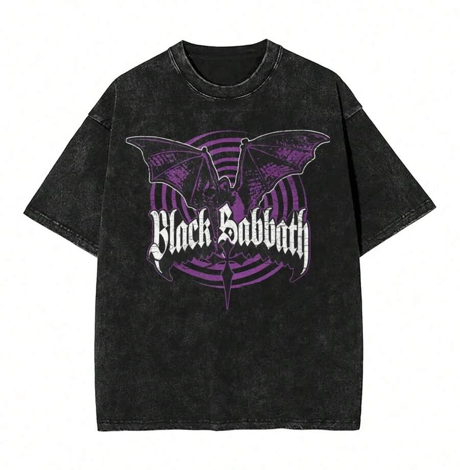 Vintage Blacks Sabbaths T-Shirt For Men O Neck 100% Cotton Washed T Shirts Short Sleeve Tee Shirt Graphic Printed Clothes - 黑色 - 查看 1