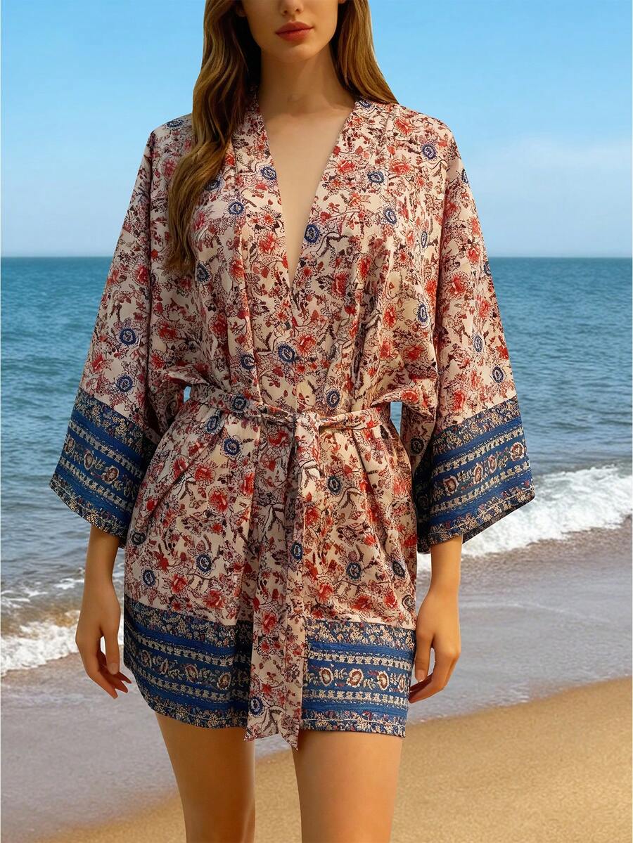 Women's Fashion Belted Kimono Cover Up, Casual Beach/Travel Loose Lightweight Short Cover Up Outwear, Vintage Floral Tie-Waist 3/4 Sleeve Dress Cover Up