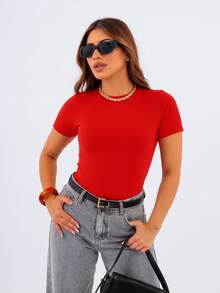 Women's Blouse In Spandex, Short Sleeve, Basic, Simple, Casual, Elegant - 紅色 - 查看 2