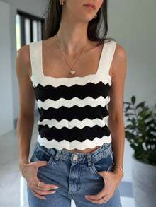 TOP SQUARE WAVES SUMMER KNIT MODAL NEW COLLECTION - Đen và Trắng - Xem 2