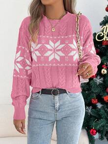 Women's Christmas Snowflake & Striped Colorblock Crew Neck Long Sleeve Sweater, Autumn/Winter - Pink - View 5
