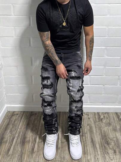 Jeans de mezclilla delgados y desgastados, jeans rasgados elásticos para hombres, jeans desgastados con parches de estilo callejero, jeans de mezclilla lavados Y2K, moda