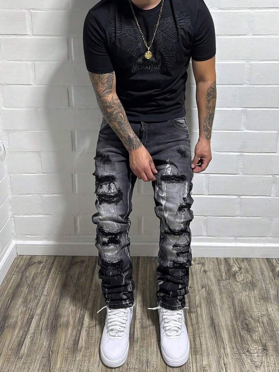 Skinny Distressed Denim Jeans, Men's Stretchy Ripped Jeans, Streetwear Patched Distressed Jeans, Y2K Washed Denim Jeans, Fashion - Black - View 1