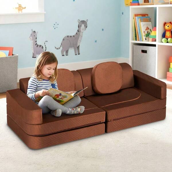 SUN YEE 12PCS Modular Kids Play Couch, Kids Sofa Set For Inspiring Child Creativity, Versatile Sectional Sofa For Nursery Playroom Bedroom Living Room, DIY Creativing Playroom Furniture, Brown