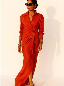 Elegant Lapel Wrap Front Maxi Dress - Đỏ - Xem 2