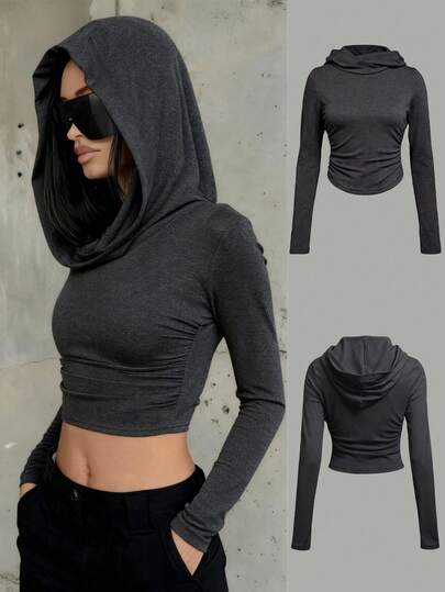 Áo thun dài tay có mũ, màu trơn, co giãn tốt, ôm sát, kiểu dáng tối giản dành cho nữ, phù hợp cho mùa xuân, thu và đông, thích hợp cho Halloween, Giáng sinh, áo đồng phục giáo viên, áo khoác ngoài, hẹn hò, áo cơ bản, phong cách Hàn Quốc thường ngày.