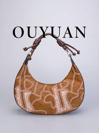 Vintage hoboväska i mocka med spetsbroderi, handvävd knutväska med unik charm, exklusiv handväska i nischdesign, gränsöverskridande modehit (slumpmässiga mönster)