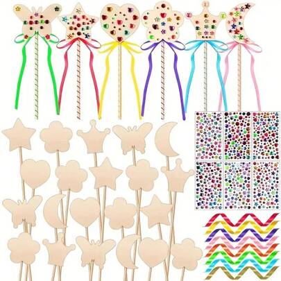 27pcs Princess Wand DIY Craft Set, Includes Unfinished Wooden Fairy Flower, Butterfly, Heart, Star, Moon, Crown Shapes, 6 Styles With 2 Wands Each, 3 Gem Stickers, 12 Ribbons (Random Colors), 2D Wand Craft