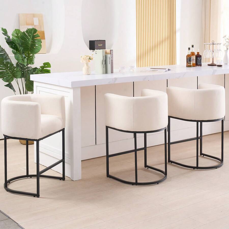 Stylish 26-Inch Counter Height Bar Stools Set Of 3  Modern Curved Back Bar Chairs With Armrests, Black Metal Frame & Linen/Corduroy Upholstery - Ideal For Kitchen Island, Living Room Sofa Side Table & Dining Space, White - 白色 - 查看 1