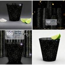 100 BLACK & GOLD SPARKLE SHOT GLASSES | 1oz Disposable Drink Party Cups |Plastic Shiny Jello Shooters - BLACK SPARKLE - 查看 1
