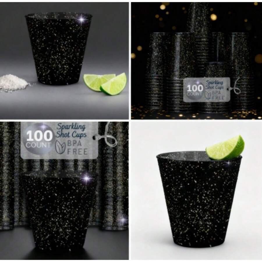 100 BLACK & GOLD SPARKLE SHOT GLASSES | 1oz Disposable Drink Party Cups |Plastic Shiny Jello Shooters - BLACK SPARKLE - 查看 1