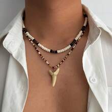 European And American Fashion Personality Imitation Shark Tooth Pendant Necklace For Men Coconut Shell Wooden Bead Clavicle Chain - Màu hỗn hợp 06219 - Xem 1