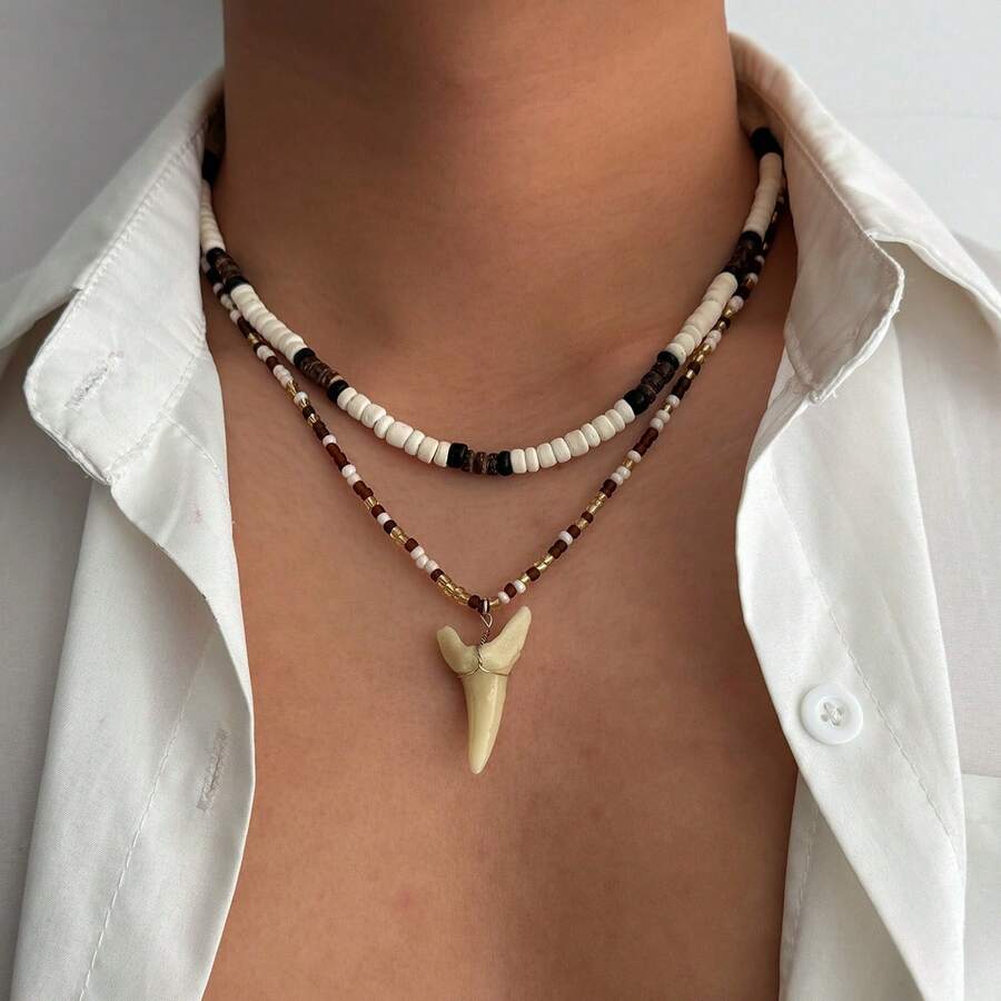 European And American Fashion Personality Imitation Shark Tooth Pendant Necklace For Men Coconut Shell Wooden Bead Clavicle Chain - Màu hỗn hợp 06219 - Xem 1
