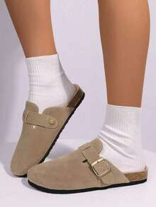 Women's British Style Thick Sole Mule Slippers, Slip-On Casual Loafers, For Spring & Autumn - Khaki - View 4