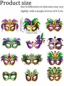 12/6pcs/Carnival Masks Paper Costume Party Masks (12 Styles) Carnival Parade & Dance Supplies Purple, Green, Yellow Feather Masks Party Favors For Men & Women Carnival-Themed Decor & Party Supplies - Multicolor - View 7