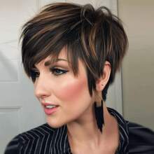 优雅的1B/30精灵短发假发，女士款 - 直发真人发假发，带刘海，短款层次直发造型，自然黑棕混色，无需胶水即可轻松佩戴，多色设计，适合所有人，6英寸舒适玫瑰网帽，无需胶水，完美适用于日常佩戴、派对、圣诞节、新年以及K-Pop等场合。 - 彩色 - 查看 11