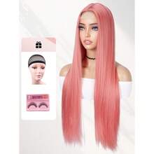XZGB Pink Wig 30 Inch Long Straight Peachy Pink Wig For Women 4x1 Lace Part Synthetic Heat Resistant Wigs For Mira Cosplay Halloween Party Daily - 蜜桃粉 - 查看 4