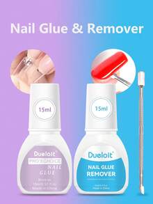 2 件 15ml 指甲胶和卸甲剂套装，指甲胶套装含 15ml 超强指甲胶，适用于压模丙烯酸指甲，15ML 指甲胶快速卸甲剂，带角质层推刀