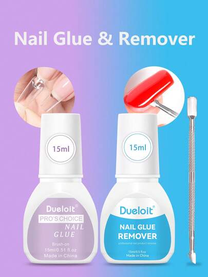 2 件 15ml 指甲胶和卸甲剂套装，指甲胶套装含 15ml 超强指甲胶，适用于压模丙烯酸指甲，15ML 指甲胶快速卸甲剂，带角质层推刀