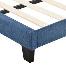 Modern Upholstered Bed With Padded Headboard. Single Slatted Bed, 90 X 200 Cm, In Blue Linen, Medium Firmness (Mattress Not Included). - Blue - View 9