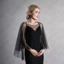 1pc Gothic Style Black Witch Bridal Cosplay Accessory, Faux Pearl Embellished Wedding Shawl Bolero - Black - View 3