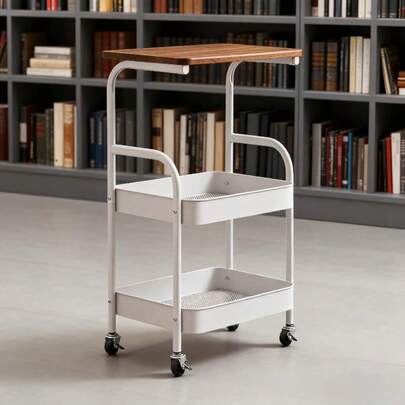 3層の木の板の車を収納して、暖かいコーナーを作って、滑車を持って3層の木の板の車を押して、どこがどこを押して、コーナーを瞬時に整頓させて、あなたの移働本棚とお菓子の角