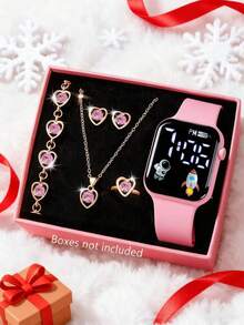 6/1pc Girls Cartoon Heart-Shaped Square Digital Watch + Necklace Bracelet Earrings Ring Jewelry Set Halloween Gift Christmas Gift Birthday Gift