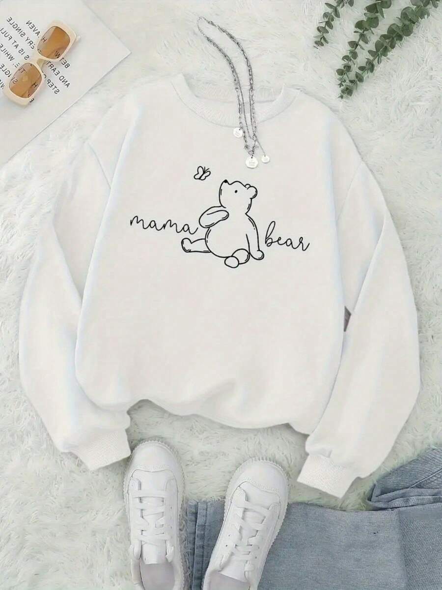 New Sweatshirt Cozy Sweatshirt For Women With Cute Bear Print And "Mama Bear" - Casual Round Neck, Long Sleeve, Autumn/Winter Clothing, Casual Wear, Cozy Sweater, Gift For Bear Lovers Loose And Comfortable - 白色的 - 查看 1
