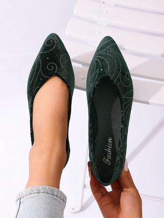 Women's Elegant Retro Preppy Style Pointed Toe Suede Rhinestone Flat Slip-On Casual Comfortable Loafers, Suitable For Party And Holidays